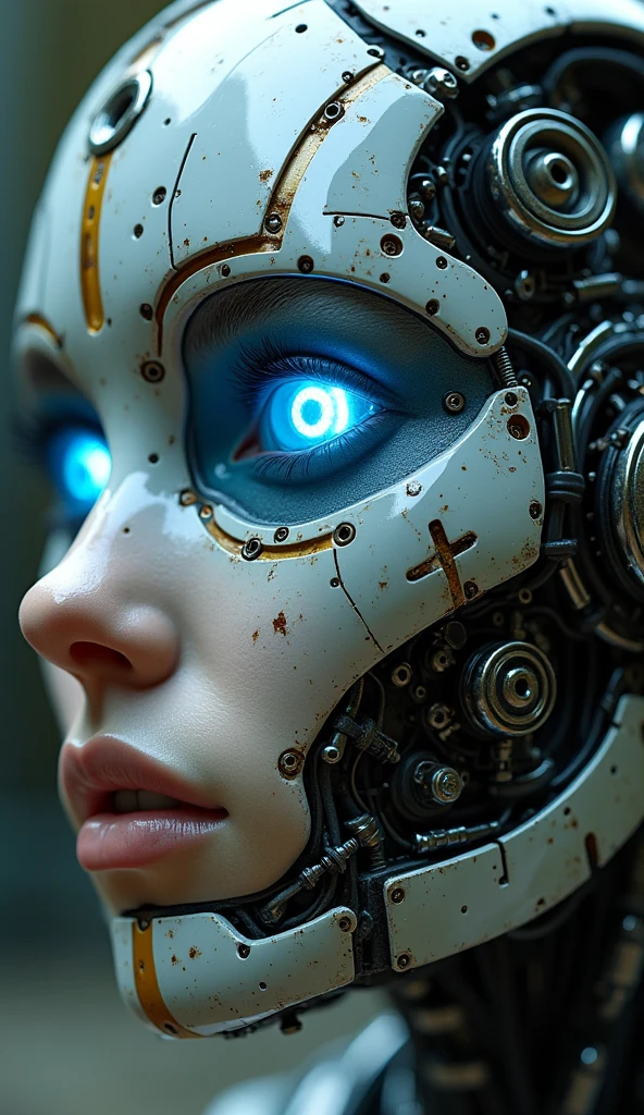 ultra detailed, absolutely resolution, masterpiece, highly detailed, sharp focus, vivid colors, soft lighting, cinematic composition, close-up of a humanoid robot with a face made of countless different mechanical parts and human-like eyeballs, cybernetic laser-like blue eye, shining plated, extremely delicate depiction, extremely clear image, 2.5D, artistic photography, hyper realistic