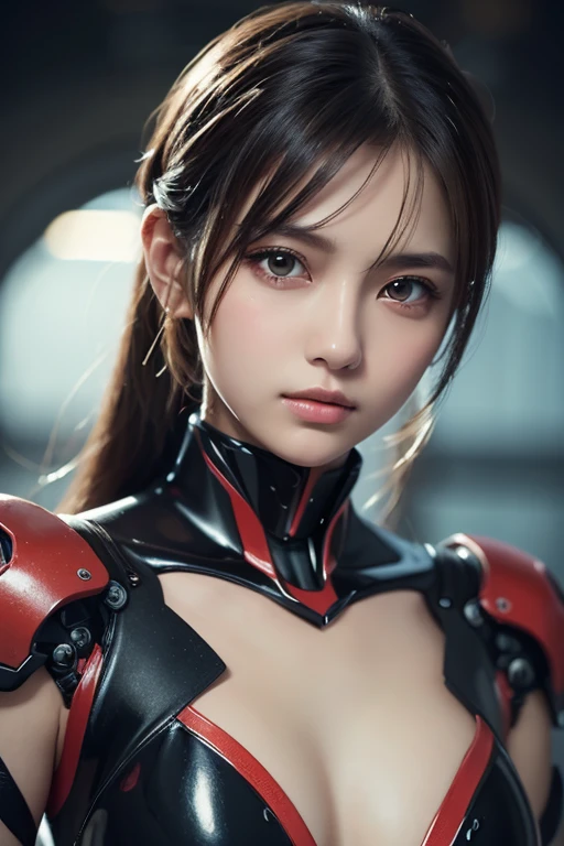 (masterpiece,Highest quality,Ultra-high resolution), woman, (((Very beautiful 18 year old girl))), pretty girl, ((Extreme cold), (Inside the warehouse), (Iceburn), (Freezing)), View Photographer、Front view, ((short hair)), Super cute face, Glossy Lips, (Big eyes), Double eyelids on both eyes,A cheerful smile、 Natural Makeup, Long eyelashes, Shiny and smooth hair、Center image, Perfect limbs, Perfect Anatomy, Raise your hand, (((Dark red sexy tentacle cyberpunk armor))), (((Wet the whole body with water))), (((With tentacles))), (Cinematic Lighting), (Healthy Eyes), (Eat takoyaki), (Cute way to sit), (Upward-facing chest), (Full Mail), dark,