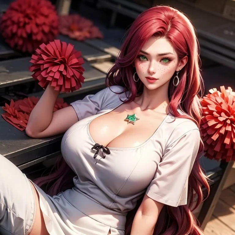 realistic, 1girl, goth, athletic body, green eyes, red hair, 24 years old, huge chest, big hips, bright eyes, cropped top, skirt, lips half-open, blush, night, flowers, sun, sunlight, sexy look