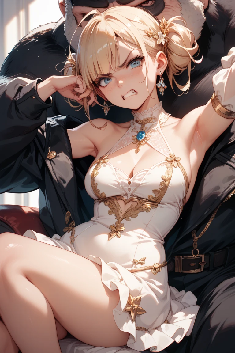 Masterpiece, Best Quality, illustration, city, 1girl, Mordred \(fate\), collarbone, Detailed blond hair ponytail braid, green eyes,,navel,thigh-high, covered_pussy,flat_chest,long_sworddangerousbeast,elbow_gloves,
,wolf_tail,wolf_ears,fang,happy,nihil,smile,spread_legs,claw_pose,armpits,open_mouth,angry,squat,bikini_bottoms,rise_hands,Highquality_hads,perfect_fingers,oil