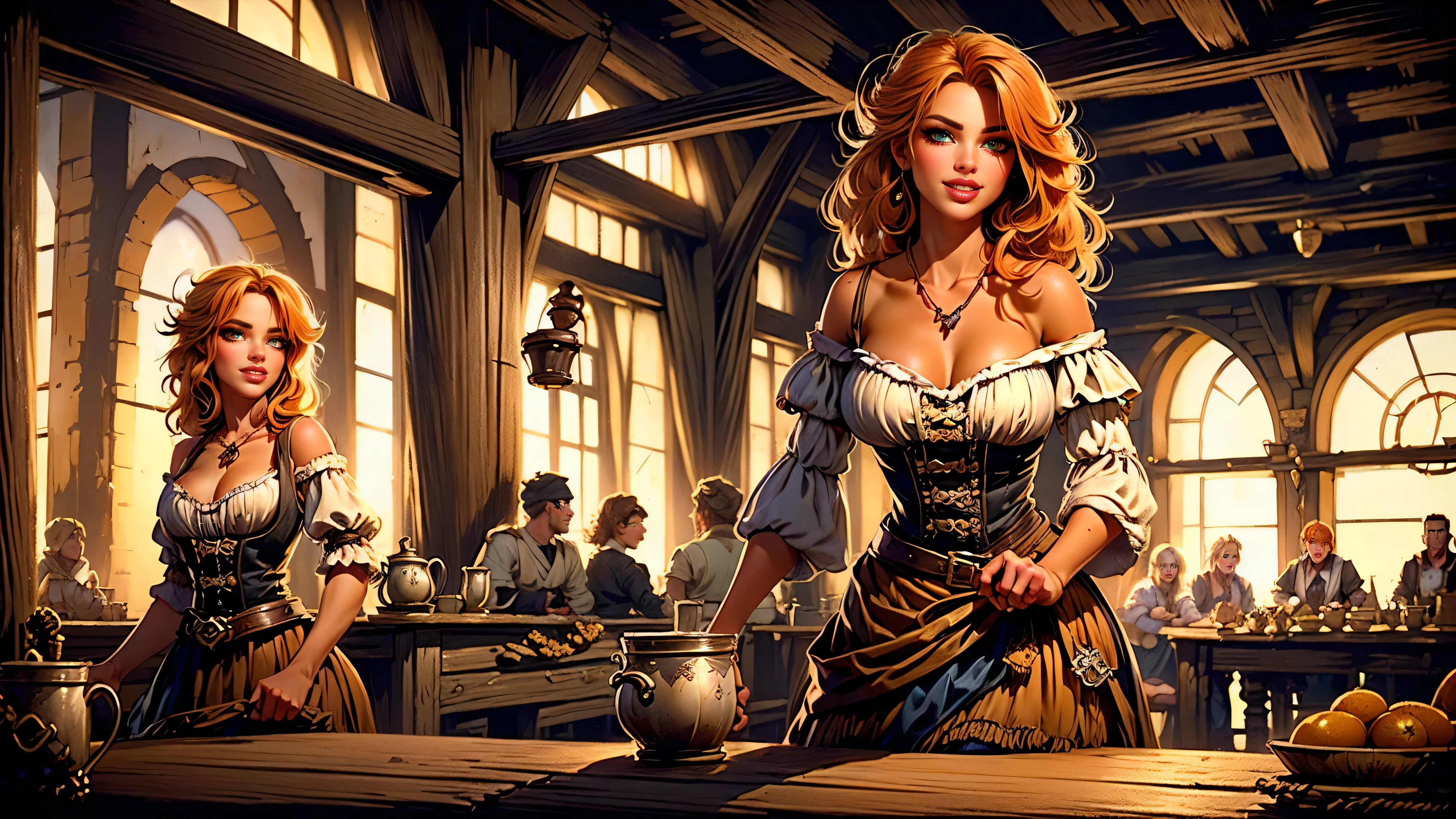 ((tavern and brothel filled with men)), ((1 redheaded tavern wench serving drinks to old pirates)), ((messy hair, orange hair)), ((1 serving girl)), ((solo girl)), ((ager)), (()), ((littlegirl)), ((Smiling)), ((little)), ((dark tan skin)), ((cute girl)), ((she is serving the pirates)), ((pirates are lusting after the girl)), ((pirates are large burly men)), ((pirates have dark hair)), ((men have blonde hair)), ((men wearing pirate cloths)), ((unshaven pirates)), ((she walks to the tables carrying tankards)), ((the men can't help but stare at her beauty as she walks by)), old tavern, pirate tavern, pirates holding and drinking tankards of ale,