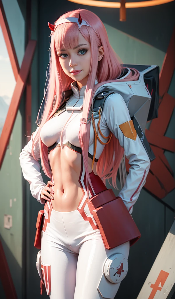 Very detailed background, masterpiece, best quality, 1girl, solo, ((masterpiece, best quality)), best aesthetic, Zero Two, , (smile), (Darling in the Franxx), Darling in the Franxx , bangs, biting , blush, shadow, green eyes, hair behind the head, hand on hip, horns, long hair, looking at the viewer, makeup, pilot costume, red costume, pink hair, red shadow, science fiction, skin stretched,super detailed, lolipop in mouth 