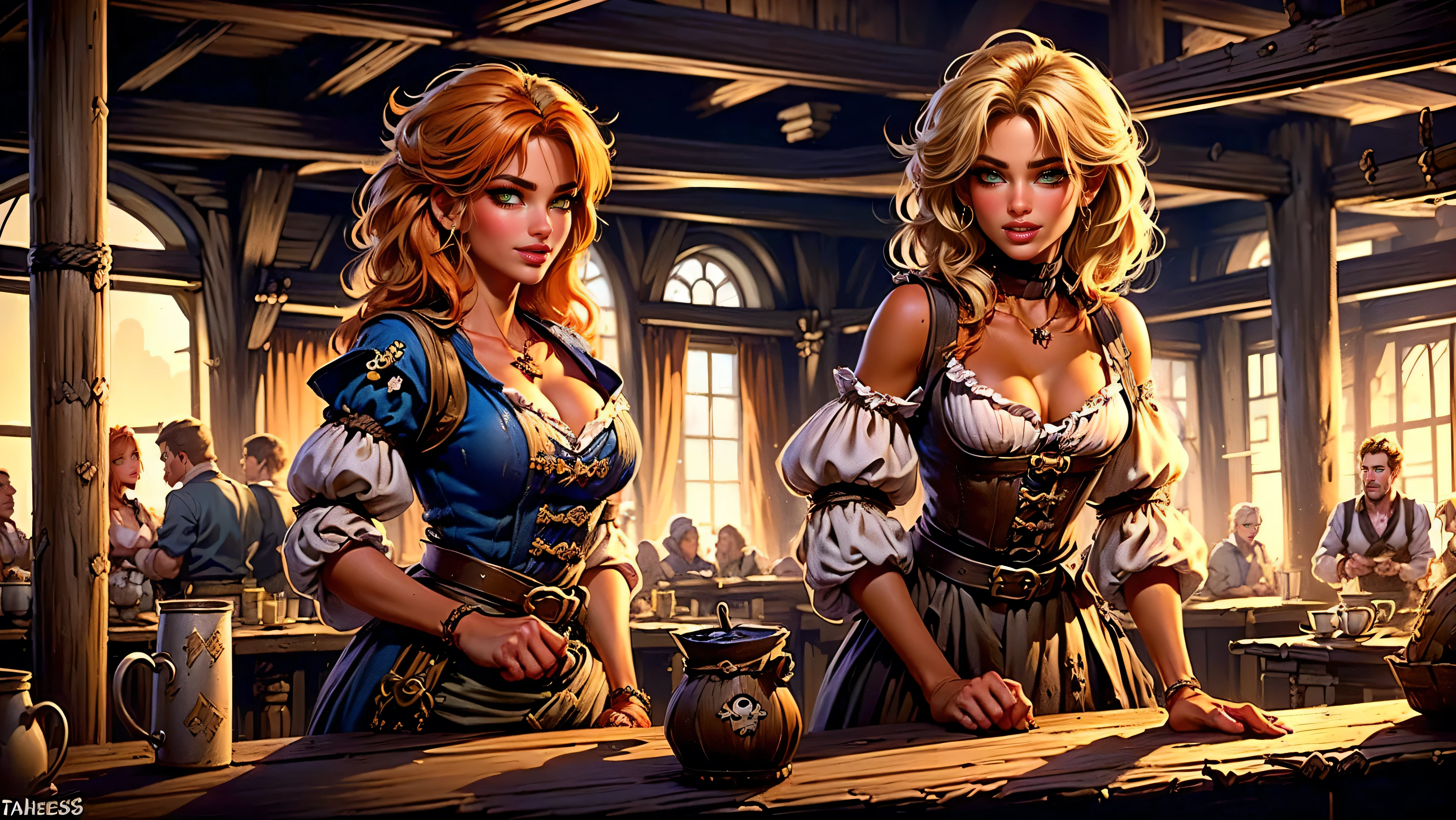 ((tavern and brothel filled with men)), ((1 redheaded tavern wench serving drinks to old pirates)), ((messy hair, orange hair)), ((1 serving girl)), ((solo girl)), ((ager)), (()), ((littlegirl)), ((Smiling)), ((little)), ((dark tan skin)), ((cute girl)), ((she is serving the pirates)), ((pirates are lusting after the girl)), ((pirates are large burly men)), ((pirates have dark hair)), ((men have blonde hair)), ((men wearing pirate cloths)), ((unshaven pirates)), ((she walks to the tables carrying tankards)), ((the men can't help but stare at her beauty as she walks by)), old tavern, pirate tavern, pirates holding and drinking tankards of ale,