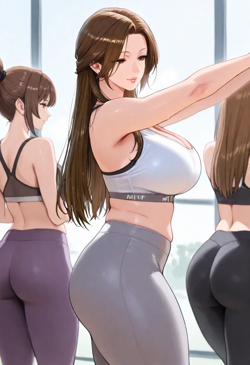 Four Unrealistically beautiful twenty- girls in tight leggings in the gym. Big breasts. Wide hips. Big th Very beautiful faces. Cute faces.