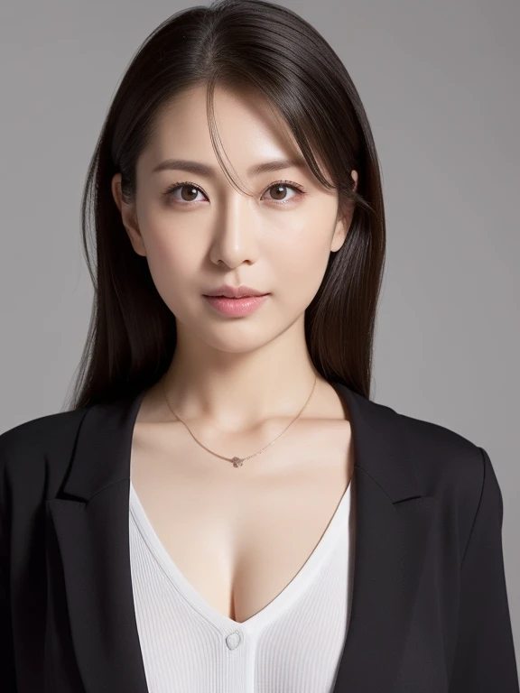 (top-quality, 16K, ​masterpiece:1.3), (ultra detailed), (masterpiece), (best quality), Highest quality, Realistic, surreal, Highest quality, Extremely detailed CG, Very delicate, 16K wallpaper, High resolution, A female manager working for a top company, 3, ((Light makeup:1.5)), ((There is a mole on the face that is considered seductive:1.0)), ((UNTITLED business suits:1.2)), ((A very simple necklace)), Japanese office with large windows, ((arched back:1.5)), Japanese, slender body, ((middle breast:1.5)), very detailed, detailed fingers, detailed hands, detailed eyes, detailed legs, accurate and perfect human anatomy, real human skin, BREAK ((upper body:1.5)), ((look into the viewer's eyes:1.5)), ((looking at viewer:1.5)), ((Front view:1.5)), ((from front:1.5)),