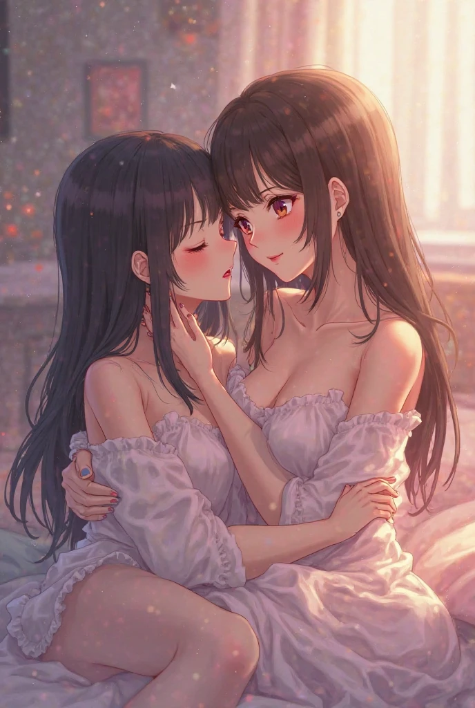 -lily , multiple girls, 2 girls, lily, dress, sofa, long hair, kiss, plant, closed my eyes, window, indoors, sitting, blurry foreground, on sofa, white dress, blurry, bare shoulders, moon, potted plant, Depth of the bounds written, No sleeve dress, blonde hair, No sleeve, chest, black dress, black hair, pillow, Bottle, bare arms, full moon, night, Book, blush, very long hair, clavicle, cleavage, cup, bangs, null, brown hair, medium chest, wavy hair, curtain, spaghetti straps, cushion, particles of light, profile