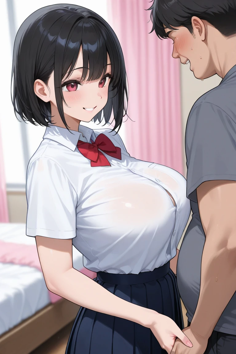 An angle that captures the whole body、Black bob hair、high school girl、on the train、、A girl is gazing at her big breasts while shaking them、Grin、Pinching pink nipples、Put your chest close、Man standing behind、Grabbing  from behind