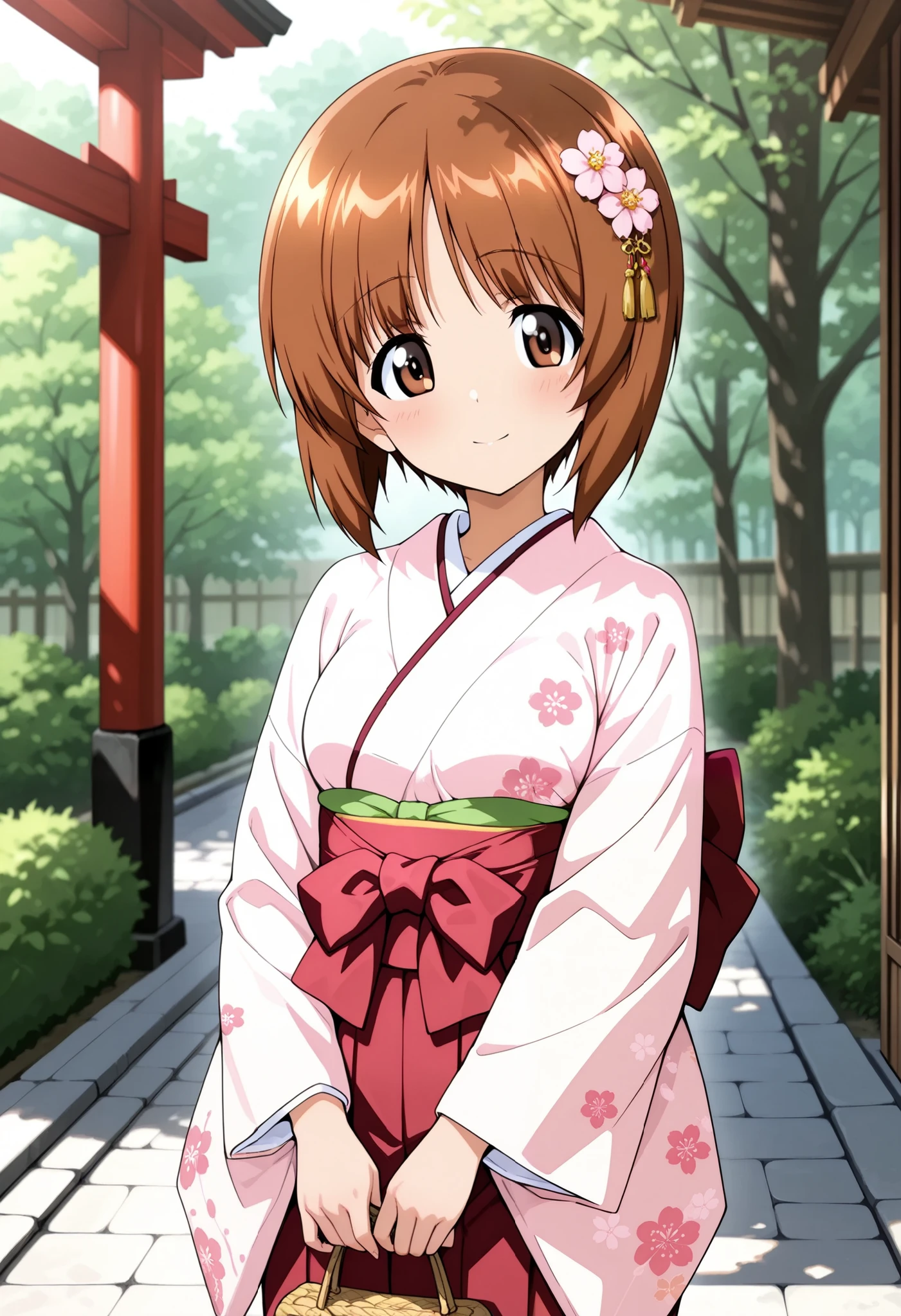 Best Quality, Good Quality, very beautiful,high resolution , high quality DVD、 one girl , alone、woman, Nishizumi Miho , beautiful brown eyes, Attractive brown eyes、 beautiful brown hair , bob cut、Anime girls wearing traditional Japanese clothes、Flowers in hair