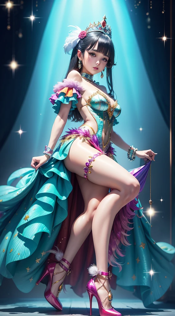(best quality,4k,highres),belly dancer,detailed flowing sheer colorful silks,lovely woman,mesmerizing sensual dance,stage,USO show,vibrant colors,dynamic movement,expressive eyes,intricate jewelry,fascinating facial expression,long flowing hair,graceful gestures,energetic performance,enthralling atmosphere,upbeat music,enchanting atmosphere,resplendent costumes,engaging audience connection,electrifying presence,vivid visual spectacle,fluid body movements,endless elegance,flawless execution,passionate performance,transfixing mood,captivating aura,magical ambiance,heartwarming energy,beauty in motion,endless charms,exquisite choreography,spellbinding grace,seductive allure,hypnotic rhythm,mesmerizing grace,alluring stage presence,enchanted viewership,lively atmosphere,dreamlike ambiance,irresistible charisma,enthralling stage persona