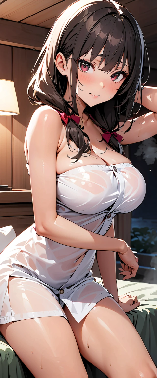 {Highest quality}, {so beautiful}, {Super detailed}, {Best illustrations}, Browsing Caution, Realistic, masterpiece, Highest quality, (Beautiful Eyes), 1 high school girl, Huge breasts, Sweat, night, Outdoor, Vibrant restaurant, Micro Bikini, ひものみのMicro Bikini, Grin, Wet Face, Wet body, ponytail, Earrings, White apron, Puff short sleeves, Small tray, Central opening, 、Camel Toe, great tit, Nipple puffs, Cleavage, plump, Super big breasts, Super big ass
