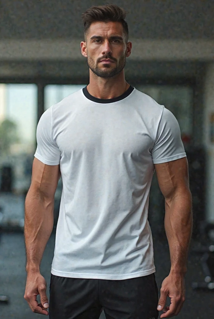 Semi-muscle man at the gym wearing a white round neck polo shirt, Please, the polo shirt should not have a shirt collar.