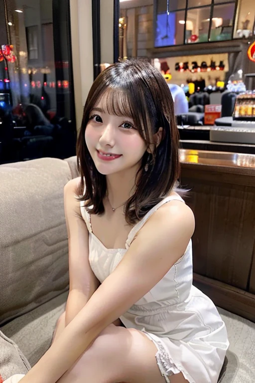 highest quality, masterpiece, 8K, ultra high resolution, (realistic: 1.4), beautiful face, symmetrical eyes, European, white hair, smile, wearing makeup, high-definition images, atmospheric perspective, super detail, accurate, best quality, (angle from under the table), an European lady, drooping eyes, sleepy face, blush, in parl, lush trees, skirt, high boots, necklace, cafe with large windows, takes a seat, (other customers), night scene, windows have harbor view, foods,