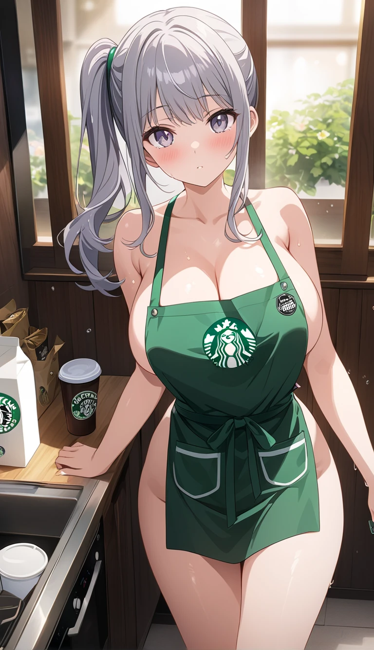 (masterpiece、top-quality:1.2), 独奏, 1girl in, super sonico, A smile, headphones, red eyes, (huge-breasted:1.5), (NAKED Apron:1.3), Green apron, Sweat, Looking at Viewer, holding cup, Coffee Cup, blush,, cafes, barista, Breast milk latte, lactation through clothes, lactation,(Dripping breast milk:1.3)