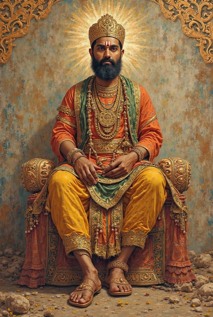 Please create a portrait of great Indian king Chatrapati Shivaji maharaj seated on throne