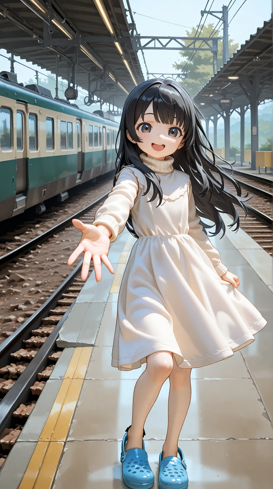Solo, UHD, Super Detailed, High Quality, Best Quality, Masterpiece, High Resolution, Anatomically Correct, 1loli, petite, 1preteen girl,skinny. A 14-years-old junior high school girl looking back with a smile, long black hair, she wear a white turtleneck sun dress, and crocs shoe. she is on left side of a higher ground of the edge of empty abandoned train station, empty traintracks, in rural Japanese forest, she looked down to the viewer, there a two mountaints far in the distance, happy, open mouth smile, she seems carefree and joyfull, she lean down on kneel with one of her legs, looking at viewer she reaching out to viewer, offering a hand to take, the shot was taken from 1boy pov, Wide Shot, F/1.2.