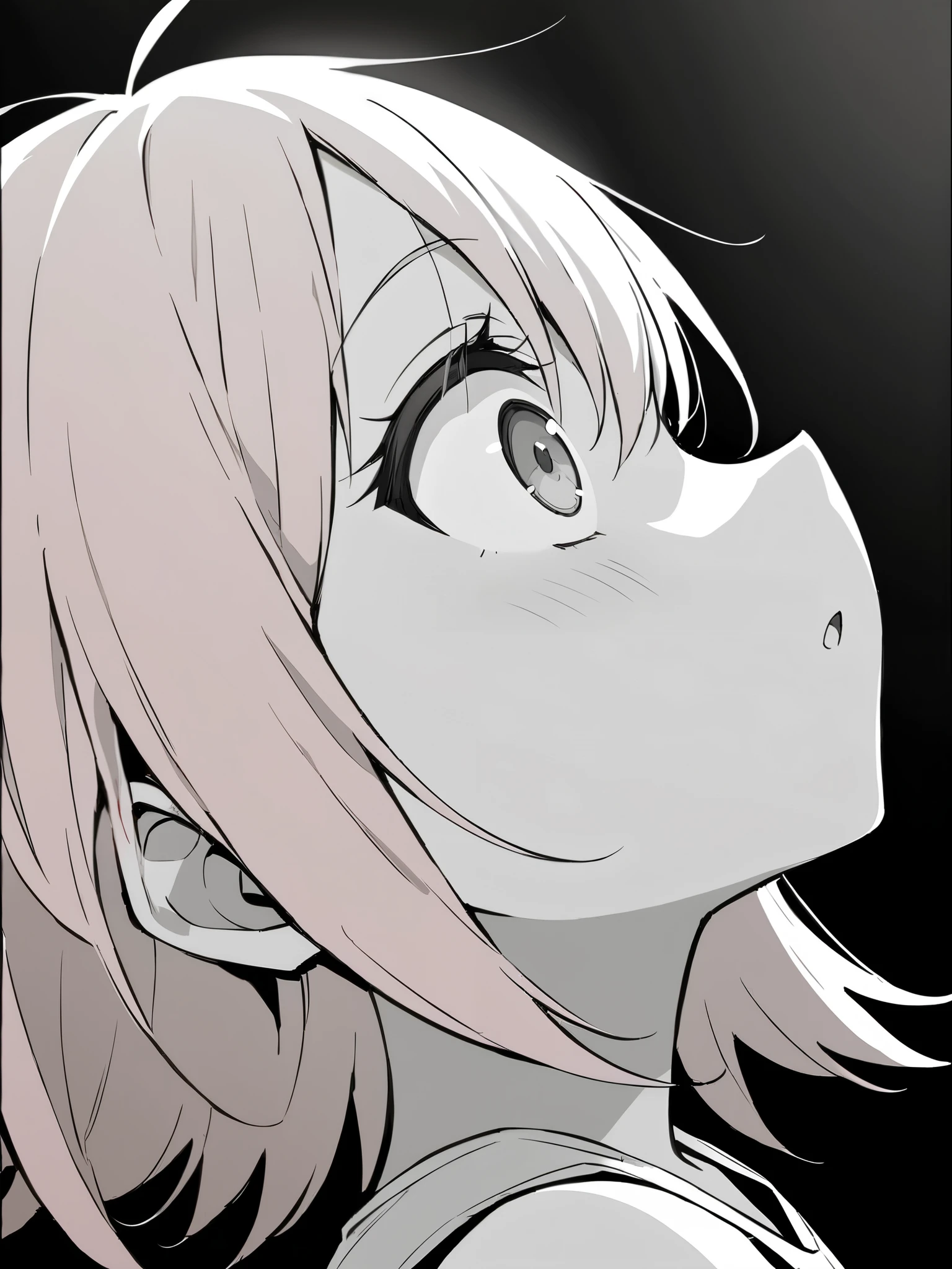 monochrome、((profile view))、look up、surprised expression、((face focus)), Source Anime, (Masterpiece), (Best Quality)), (Very Detailed), ((Cute)), (Amazing), (Detailed)), 4K, (8k), Highest Quality , (beautiful), perfect anatomy, ((perfect hands)), (perfect fingers) ultra-definition depiction, break (( 1girl )), 16's years old, short hair, pink hair, round face, ((grey eyes)), cute eyes, natural make up、tank top