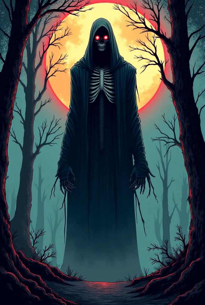 T-shirt design, black background, centered art, 2D, vector, vivid color splash, intricate details, necromancer skull character in petroleum black overcoat with wet glitter look hood, full moon night, midnight, cemetery, tombs, trees dried, rim light, edge vignette, greg rutkowski