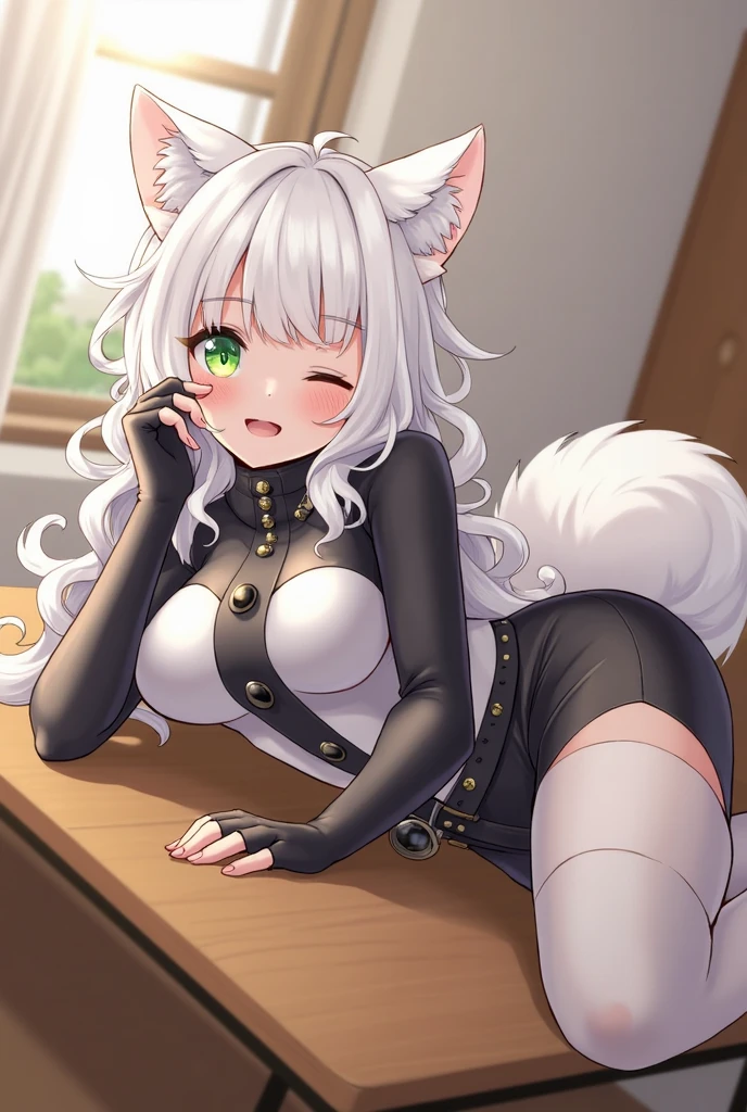 Cat-style anthropomorphic hairy woman. with white hair with thicc body
