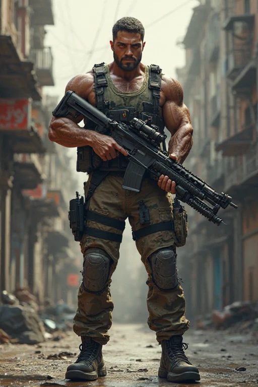 Brazilian bodybuilder Ramon Dino holding a sniper rifle