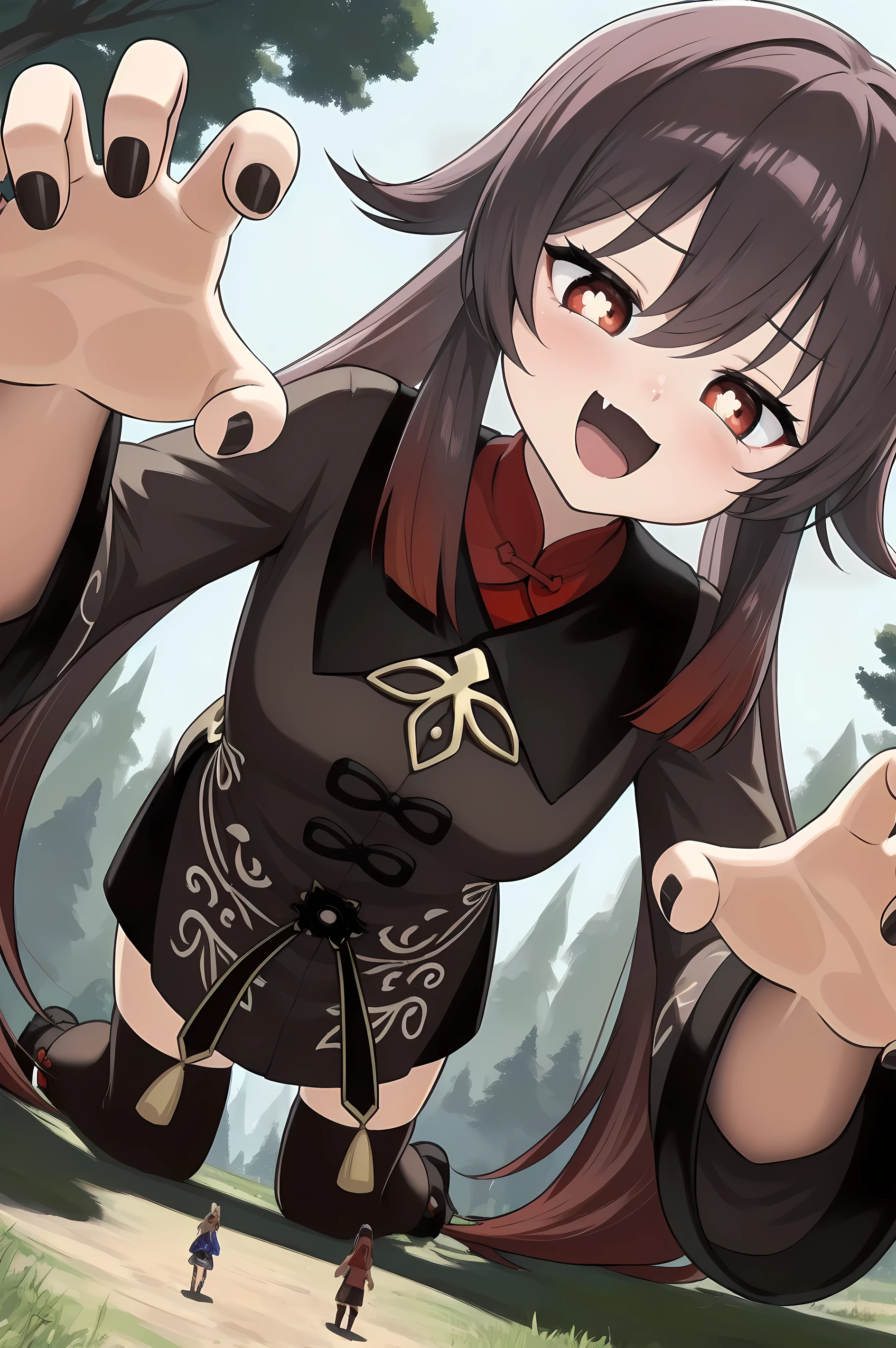 (hutao), (2 panels) , (face panel reaction: 1 . 1) , adventurer , medieval , fantasy , (only 2 panels) (macro size: 1.1), giantess, giantess, (miniature adventurer on ground reaction), (a giant girl looming over adventurers on the ground: 1.1), (a giantess girl towering above all else), (a giantess girl looking down at tiny adventurers: 1.1), 2girls, (a giant girl looking down at tiny adventurers on the ground), a giant girl (tiny adventurers on ground next to a giant monster girl: 1.1), forest cliffs, (Closeup face: 1.1), smug, shouting, happy, paw pose, foreshortening, cleavage