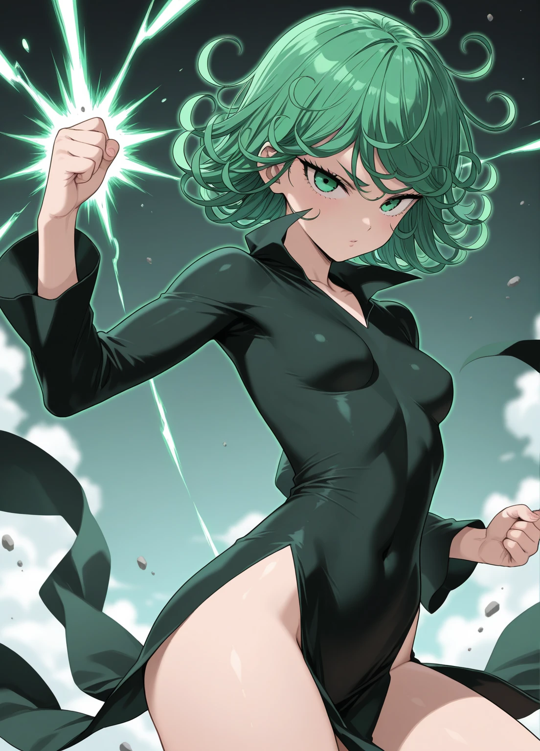 (masterpiece), (high quality: 1.2), real life, real action, 1girl, solo, standing, spread both hands, tatsumaki one punch, green hair, short hair, churly hair, green hair, cute face, girl face, beauty face, full body, perfect body, perfect anatomy, no panty, naked, nude, seen pussy with hairy, black shoes, all in realistic, all in ultra detail, 8k, ultra HD quality, 70mm lens