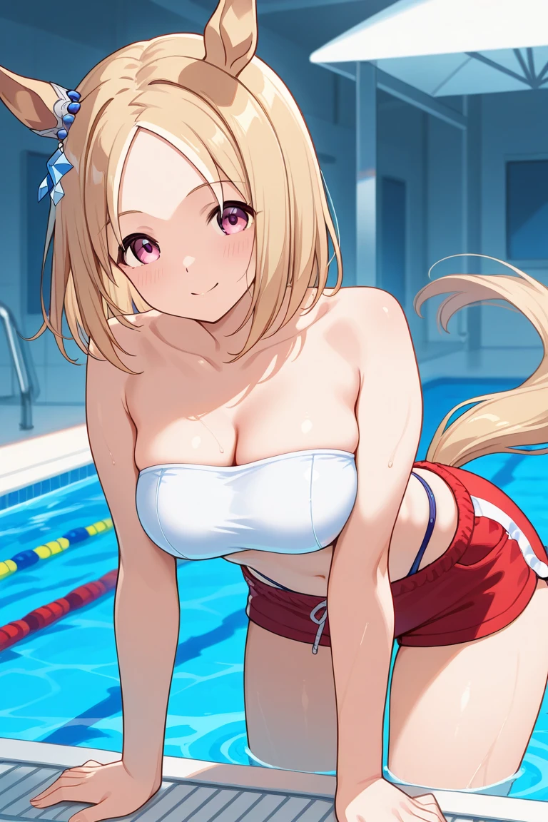 Resort hotel pool View of the beach the wind is strong Only pure white panties topless anime Beauty one person blonde ponytail Red ribbon Small earrings Simple Necklace Sparkling blue-green eyes smile Embarrassing Slightly large breasts Cute pink nipples seiza (leaning forward:1.3), (hands on knees:1.3) Inner thighs from front whole body