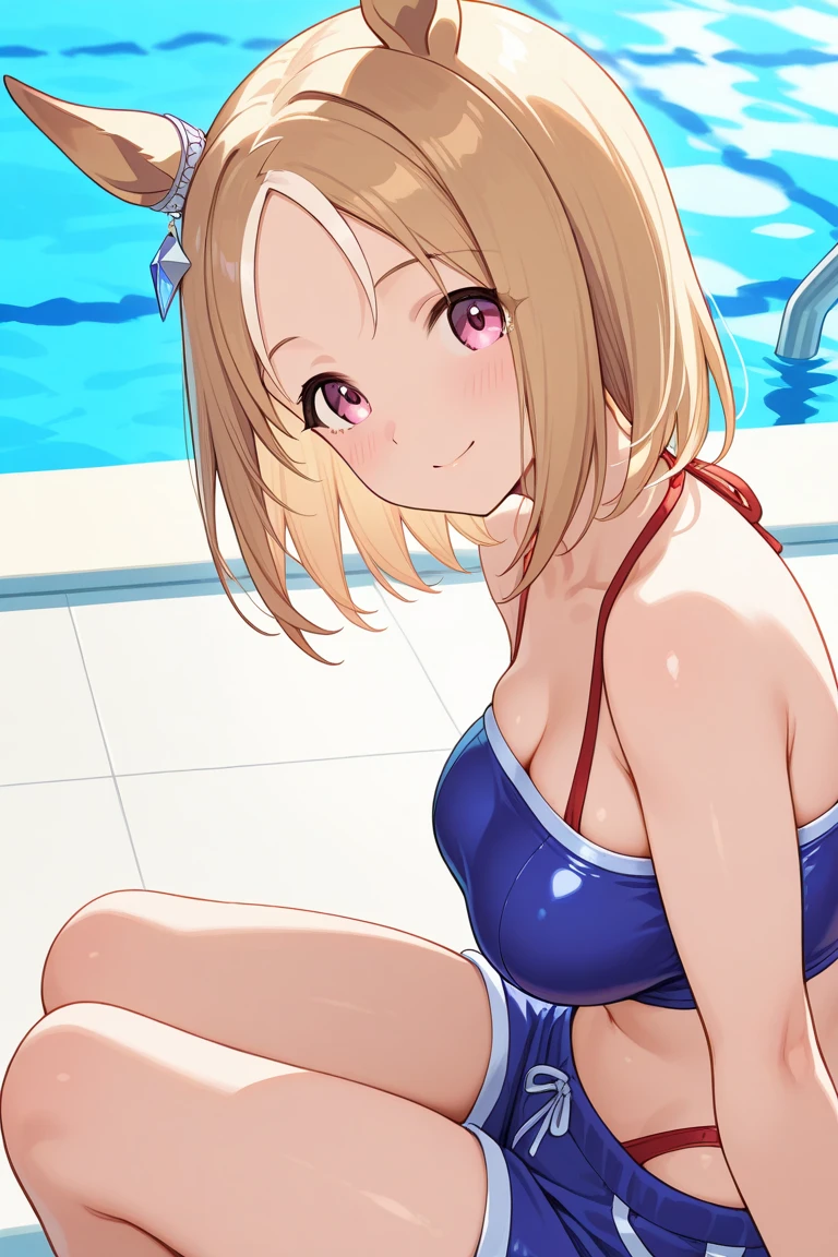 ((masterpiece)), ((best quality)), (ultra-detailed), anime style, pool, a cute girl, 1girl, solo, ((beautiful eyes)), smile, bikini00,