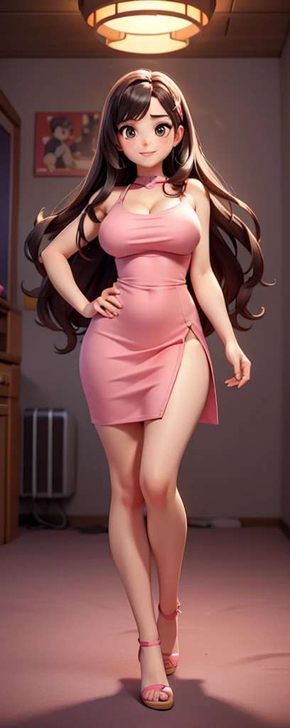 masterpiece, Surrealism, high resolution, 8K,Photo of woman wearing pink dress and high heels, (SFW) Work, Giantess Art, Thickness, OPPEIN, OPPEIN proportions,  Wear.Sexy, Cartoon shading!!!, Realistic shadows perfect figure, Succubus in tight skirt, She has a round fat belly,From the angle from below, Wearing stylish round glasses, Full body, Large Breasts,(((Full and soft breasts,)))(((Huge breasts)))((((Cleavage)))))) (Perfect curvy figure)
