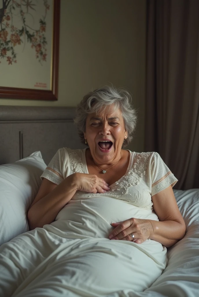 (sucking penis:1.3), (penis cum:1.4), (huge breast:1.6), (queen elizabeth 90yo at hospital), (look down:1.4), (profile side), (excessive cum on breast:1.4), lipsticks, (nsfw:1.4), (white chiffon and lace shirt:1.5), (black skirt:1.3)