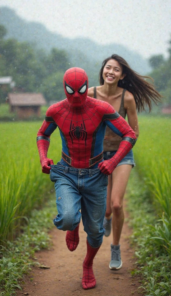 (the concept of bathing together with your lover), (Spiderman's first kiss with a girl), perfect face, hyper realistic face, hyper realistic eye, perfect eye, eye reflection, realistic lips, (hyper realistic photo:2), (best photo quality:2), A pair of lovers, a man (spiderman/handsome man) and a female (perfect beauty Asian woman, normal sexy dressed girl, heavy big , heavy huge breasts, realistic body, realistic face, perfect face, very wet body). are bathing together in a small, rickety hut in the forest, they are soaking wet, fully clothed, not naked, they are both wet, female wearing a sexy dress made of water, portrait of a photo, absolutely outstanding image, water fairy. Asian woman and male spiderman., unbutoned woman, a man wearing a spiderman custom cosplay., female student wearing normal sexy dress., male superhero spiderman, splashing, ((drenched)), ((soaked)), sultry, beckoning to viewer, water dripping, oil drenched clothes, 16k, alluring, (((heavy wet body))), see through, bright sunshine, sunny day, depth of field, close up, ((UHD)), highly resolution, expert photography, photo images are very clear, (ordinary girl take a shower with the spiderman, marvel)