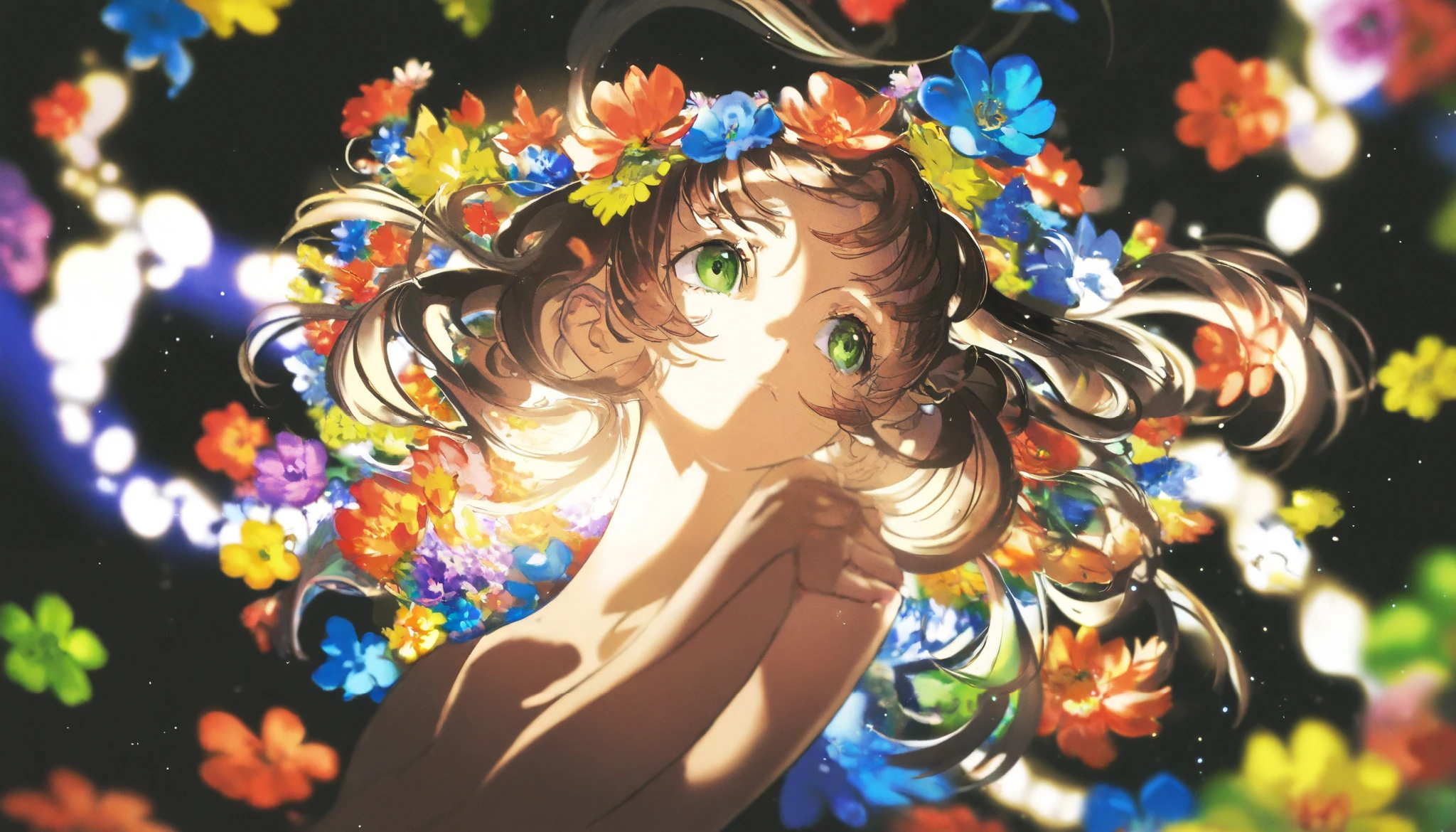 ung young girl, dark brown long hair,green eyes,colorful flowers,black background,cool,Golden light particles are handsome,Correct proportions,Petite