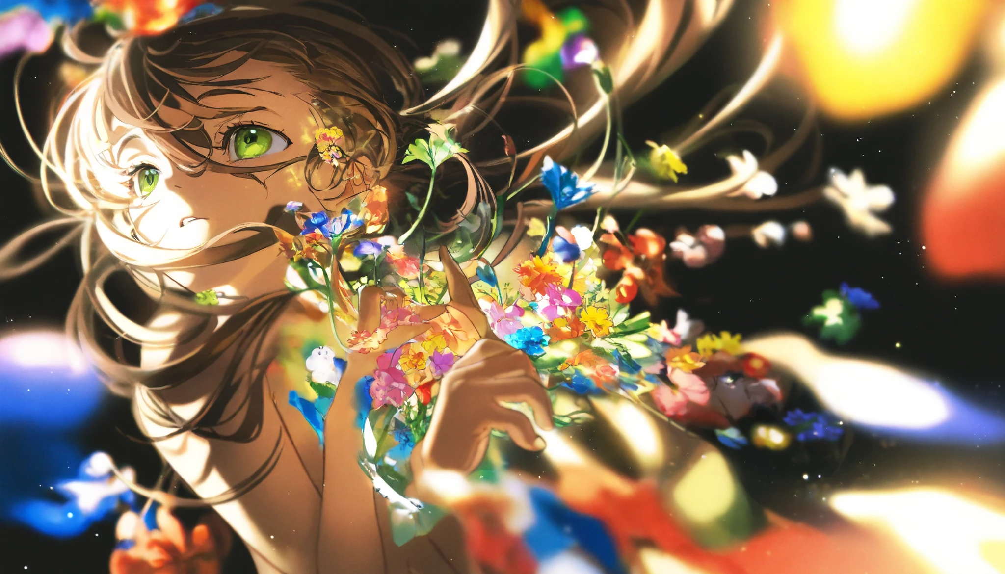 1 young young girl, dark brown long hair,green eyes,colorful flowers,black background,cool,Golden light particles are handsome,Correct proportions,Petite