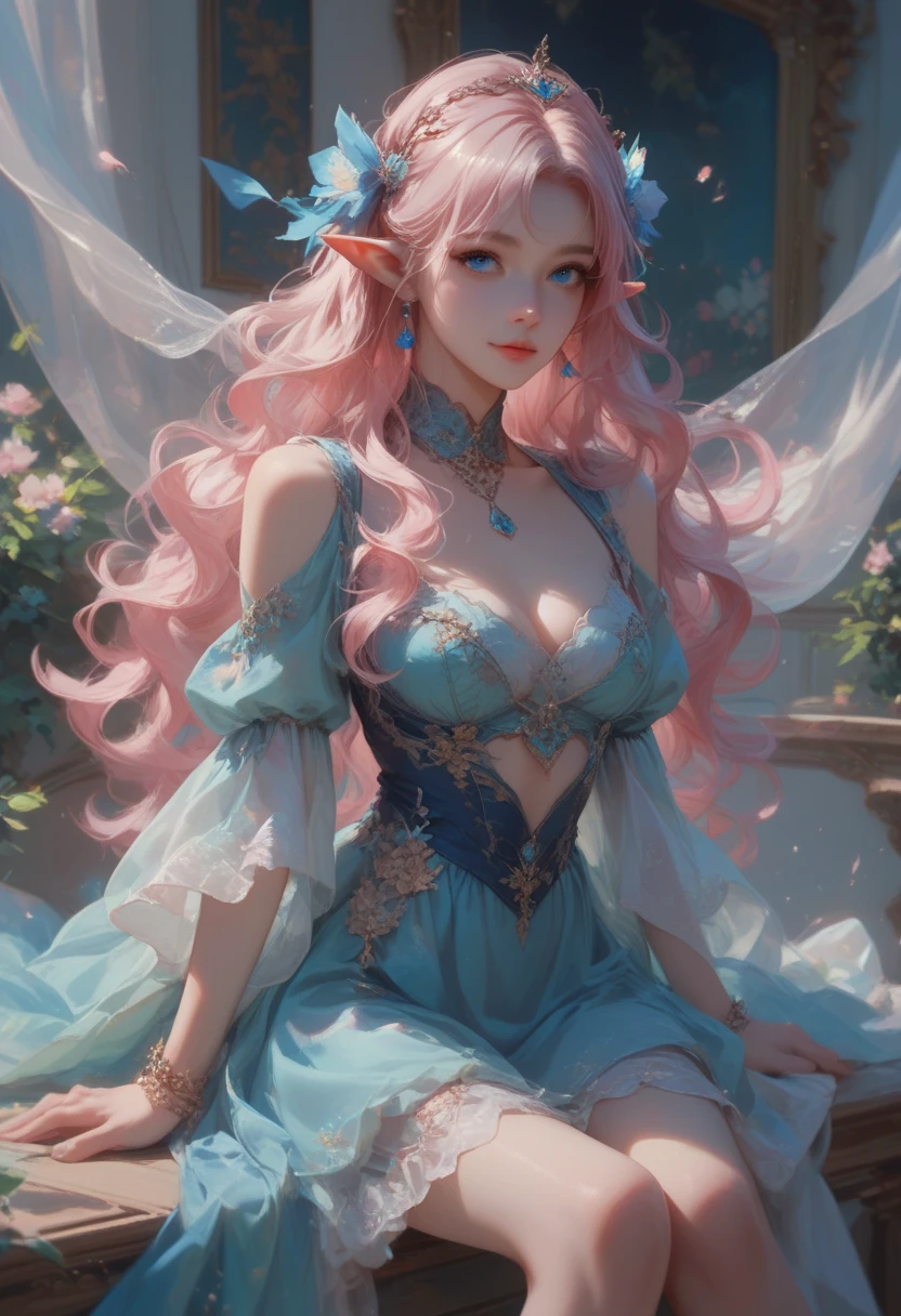 elvish ears，Green cheongsam，Long legs，Colorful butterfly wings，Skysky，Moon，Fly hand in hand with girls