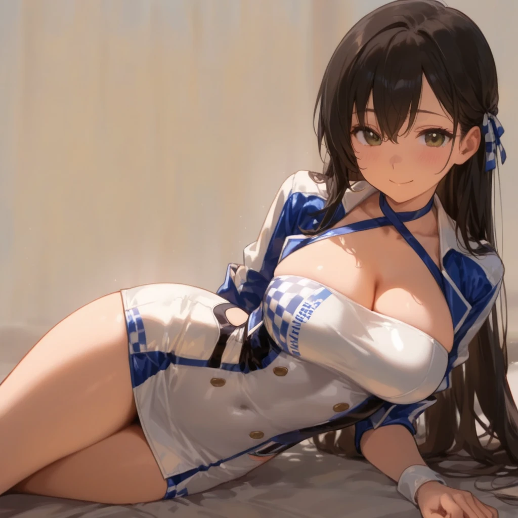 top-quality、Full limbs、complete fingers、Slender beauty、a 25yo woman、poneyTail、Brown hair、Colossal tits、Nurse、Nurse Costume、((light blue nurse leotard:1.3))、((Light blue nurse hat with a red cross mark:1.3))、Light blue pantyhose、A big smile、Patient room、disgusting glossy face、Provocative face、Patient bed、all-fours