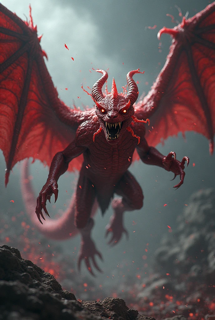 werewolf, shapeshifter, transforming, metamorphosis, dynamic pose, colorful, vivid colors, detailed, best quality, masterpiece, humanoid, evil, concept art, epic, furious, red eyes, concept:Battle scene with a dragon. quality:(highest quality, 4k, High resolution, masterpiece:1.2), Super detailed, (fantasy art,oil:1.5), High quality artwork, delicate brushstrokes. composition:Bokeh, Dynamic composition, a powerful sense of movement, dungeons&inspired by dragons, The overall dramatic atmosphere of the scene, original composition, dutch angle, moving depiction. Subject information:(((Red Dragon:1.2, Giant Monsters))), large dragon with blck scales, fierce battle, adrenaline, atmosphere of battle. Other details:An illustration of a scene from a legendary RPG, Combat action in the dungeon, Billowing dust and smoke, Magical effects released by a wizard, (magic scroll), dynamic angle, Angry voice, powerful wave roar, luster, smooth aerodynamic shape, Battle maneuvers that require concentration, energetic atmosphere, The perfect balance of chaos and precision, thrill, a powerful sense of movement, Background fantastic imajinasi.