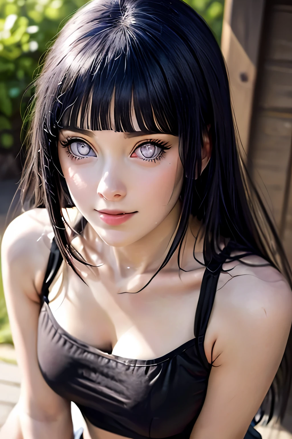masterpiece, cinematic look, breast :1.1, HDR : 1.2, ultra lightening, ultra detailed, high quality 8k resolution, background: in garden of purple petal trees, highly detailed image, light hearted smirk, navel,body image from head to thighs, HinataNS, Hinata hyuga, from anime Naruto,midriff, hair bangs, long hair,hourglass figure, realistic, good face symmetry
created a masterpiece, with a design similar to a realistic version of the character in the anime Naruto Shippuden (Hinata Hyuga), character details,She has a delicate appearance and gentle expressions,pearl coloured pupils,shiny skin,clothes: she wears lavender coloured small tube top with deep neckline, mini skirt, midriff,revealing cleavage,pose : standing with hand in hair pose, looking at viewer