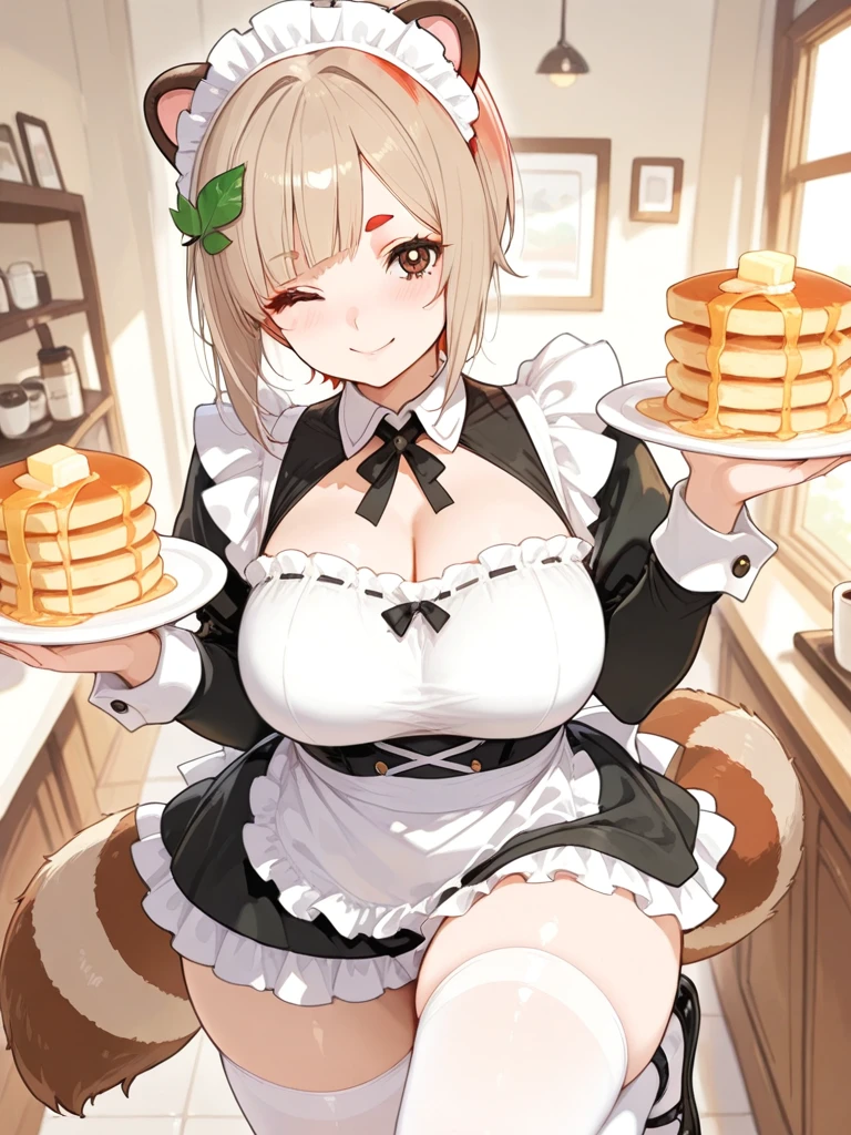 pancakes in the Asteria VK skillet,a blond,Twin-tailed,1soloMILFWoman in her 30s hands on hips, cleavage, maid APRON with shape LOVE symbol,Smile,kitchen, the upper part of the body