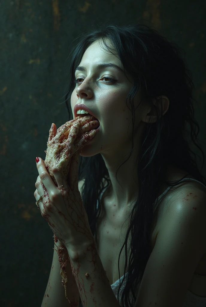 ((best qualityer)), ((work of art)), (detailded), 1 woman completely bandaged with only her eyes and mouth showing, mouth open with flies coming out, lying on a pile of skulls with a black cat next to the woman, camera from above.