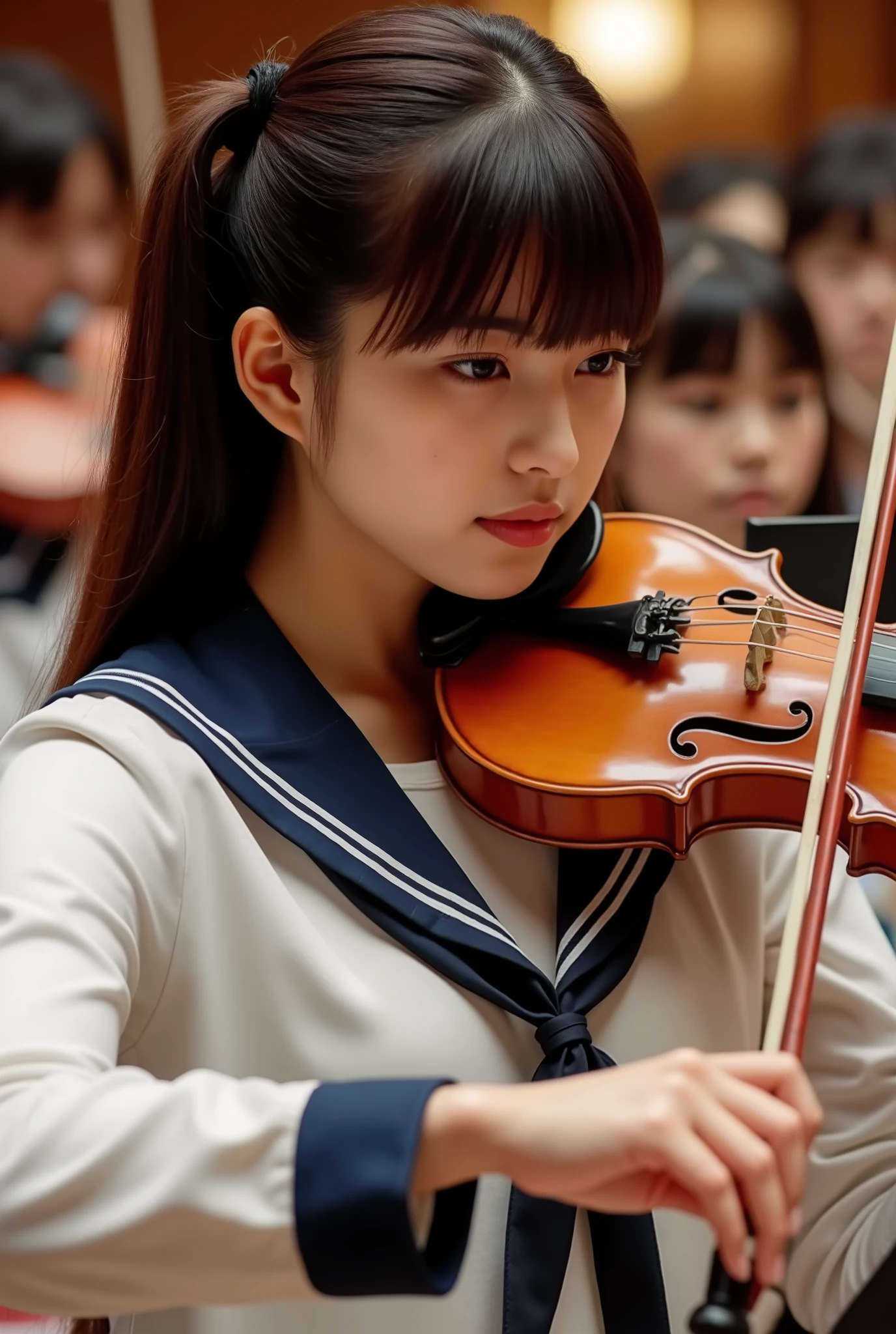Create a stunning photo collection featuring a beautiful Japanese idol girl with fair skin. She has long straight hair styled in a ponytail with bangs. The setting showcases her wearing a sailor uniform while playing the violin amidst an orchestra. The imagery should highlight her purity and delicacy.