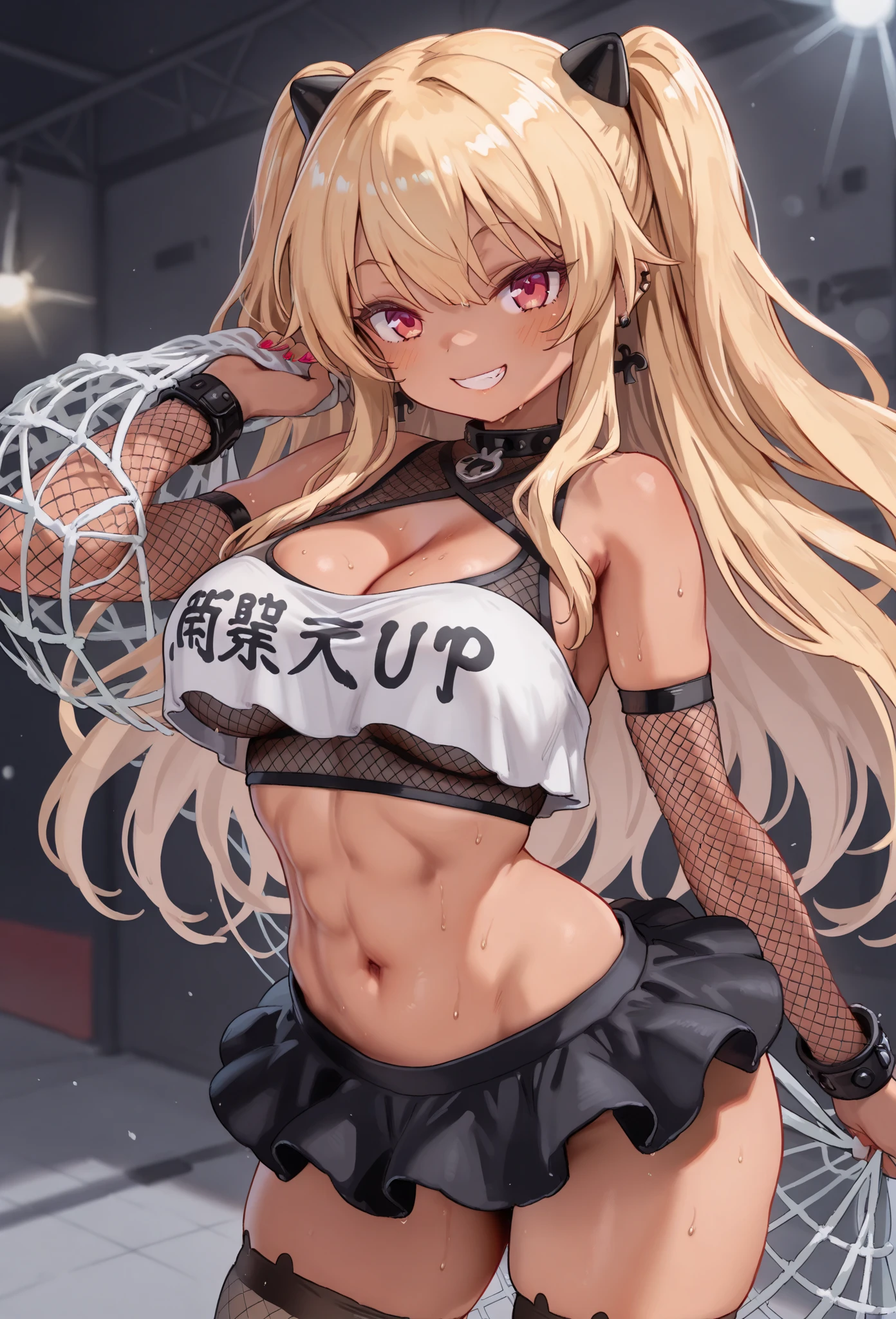 (Uhd, Masterpiece, Textured Skin, Super Detail, High Details, High Quality, Best Quality), Detailed Face, 1woman, mature pretty woman:1.5, ((Wide hips, thick thighs, massive huge breasts)), Blonde hair tied up, (black Gym clothes), legging pants, (Huge Body), (Hair tied up with side bangs:1.5)