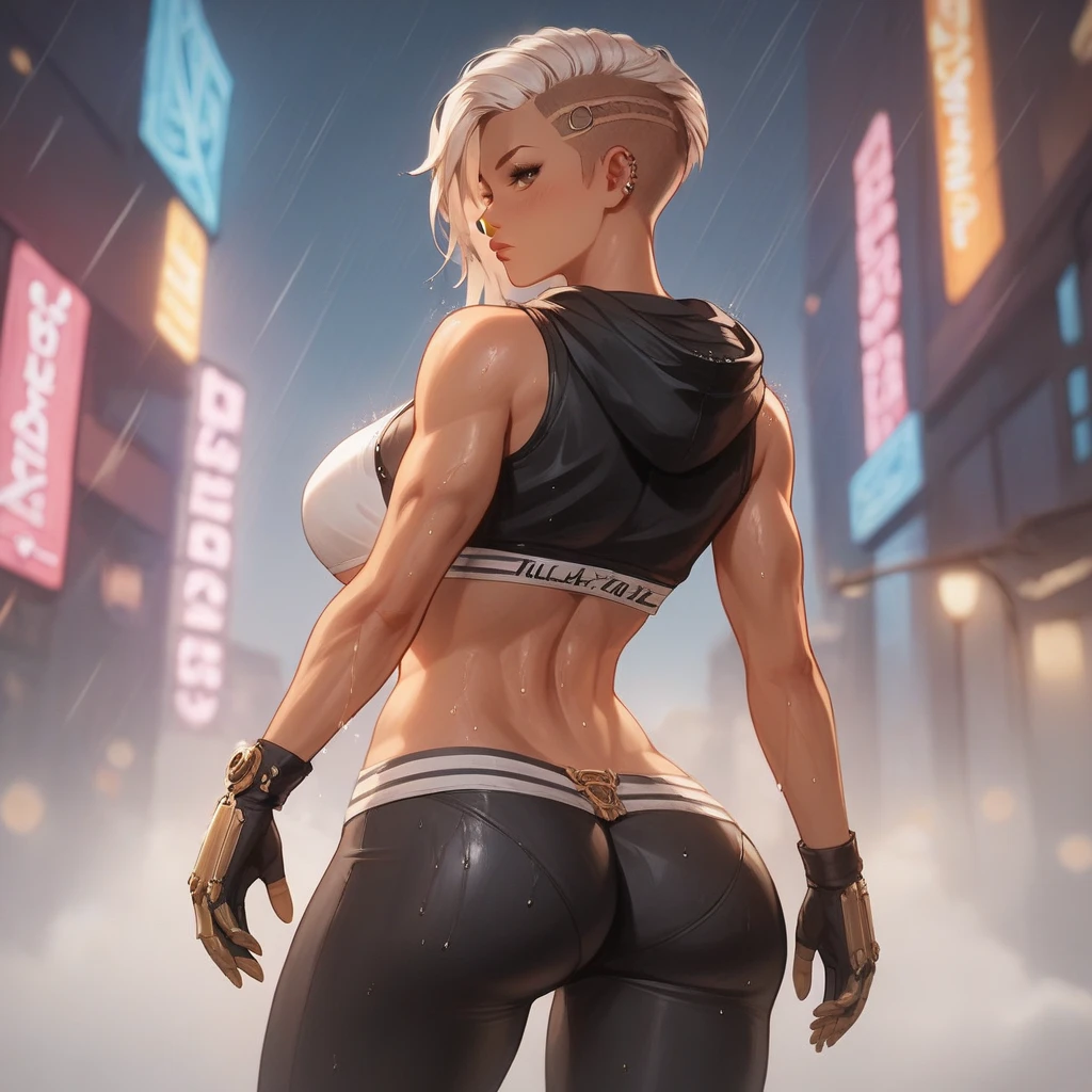 [Miruko; Boku no hiro academia], ((solo portrait)), ((behind view)), ((High definition)), ((anime)), ((Kohei Horikoshi)), ((raytracing)), ((detailed shading)), {Miruko; (tanned skin, maroon eyes, long white hair, long white bunny ears, small fluffy white bunny tail, large boobs, sexy ass), (white and yellow tank top), (purple yoga shorts), (white and yellow sneakers), (seductive gaze; long eye lashes, half-closed, eyes, puckered lips), (athletic body; defined abs, defined leg muscles, defined arm muscles)}, ((jogging on sidewalk; looking ahead), ), [Background; (park daytime; (city; skyscrapers, trees))]