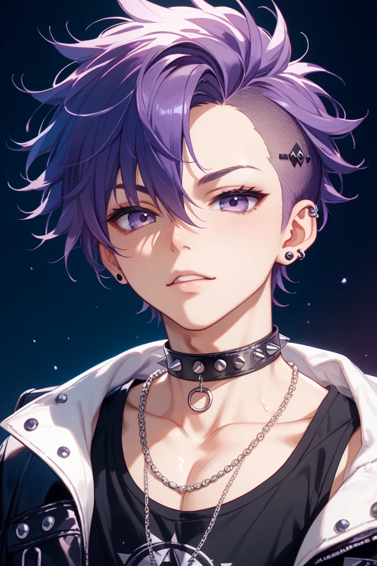 Draw a young anime style guy with confident appearance. He has messy, spiky purple hair., intense and expressive eyes. The character wears a teal sleeveless t-shirt with a white skull print on the chest.. Her body is adorned with colorful tattoos of vibrant flowers that cover both arms and also extend down her neck.. He has a stylish blue bracelet on his left wrist and small earrings in his ears.. Their posture is firm, with arms crossed, and he displays a serious and determined expression