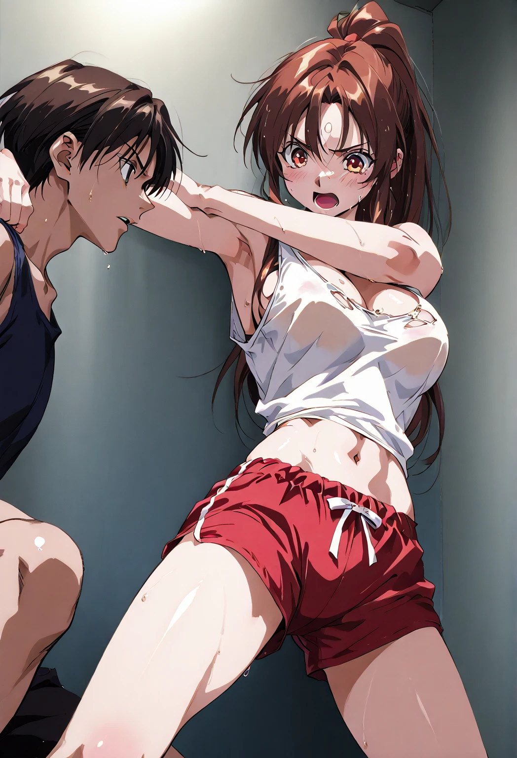 sayuogiwara, sayu ogiwara, brown hair, (brown eyes:1.5), medium hair, {{In the classroom}},{{In underwear}}, white lace bra,white lace panties、whole body,NSFW, ecstasy, (happy face)、(beautiful breasts)、(((dancing)))、