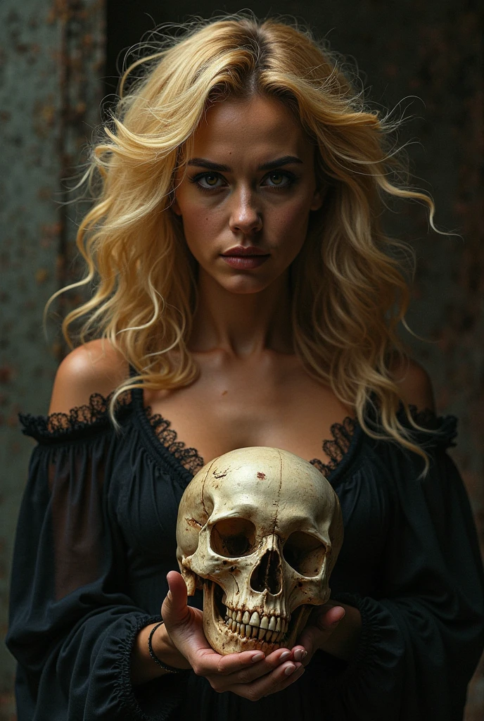 Surreal Theatre Stage:
Subject: A blonde 36dd bra woman (22) in a dramatic red dress, stands on a stark white stage bathed in a single spotlight. She holds a skull out in front of her, appearing both inquisitive and afraid. A disembodied hand reaches down from above, shrouded in darkness.
Technical: High-resolution camera (e.g., Hasselblad H6D-100c), telephoto lens (e.g., 70-200mm), focus on the woman and the skull, stark lighting with a high contrast between the spotlight and the black background, emphasizes the surreal and theatrical atmosphere.