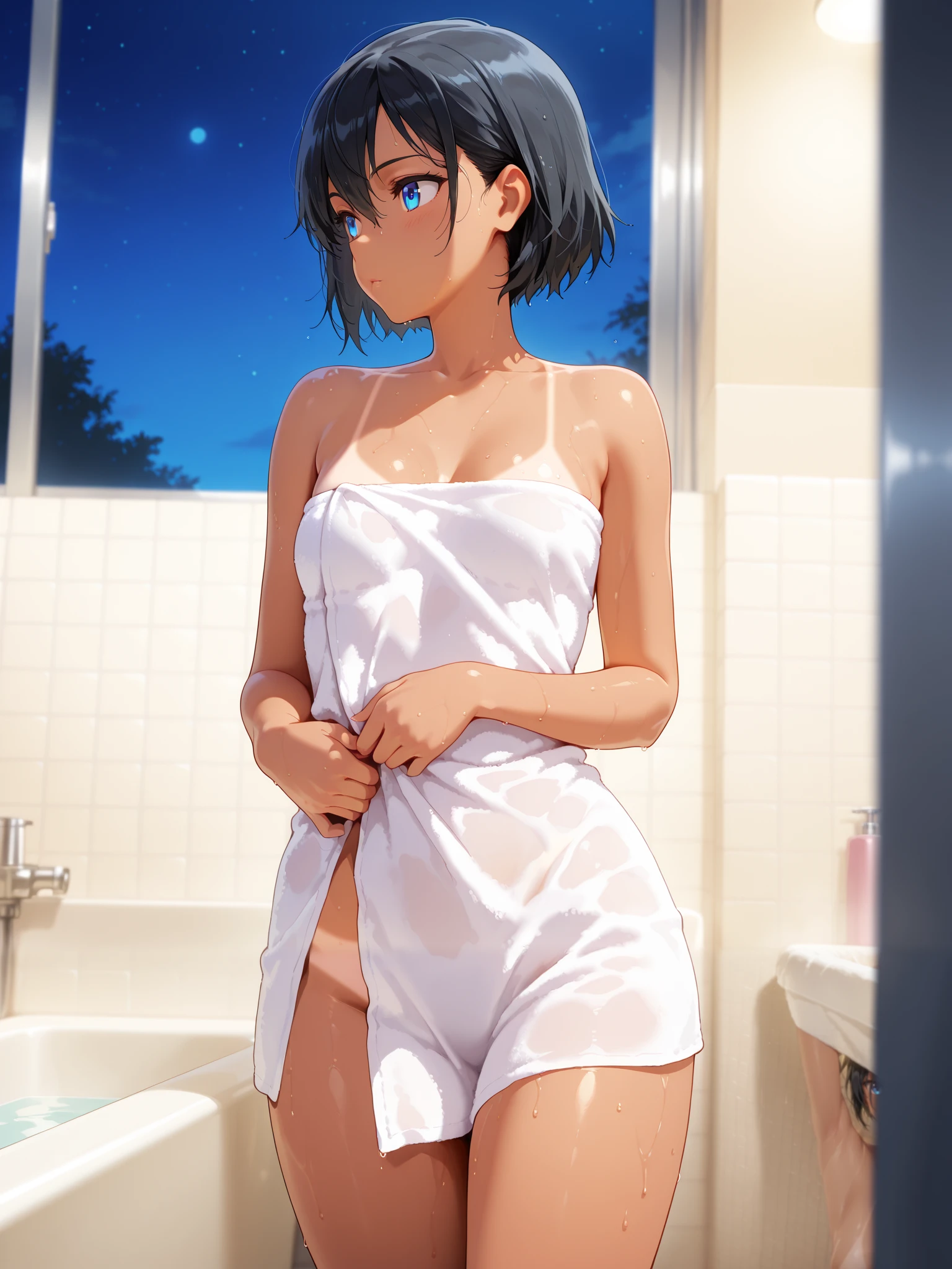 masterpiece, Best quality, very aesthetic, intricate, vibrant, highres, ultra-detailed, Perfect detail, ray tracing, short hair, blue eyes, black hair, dark-skinned female, bikini tan lines, bathroom, small breasts, night time, wrapped in bath towel