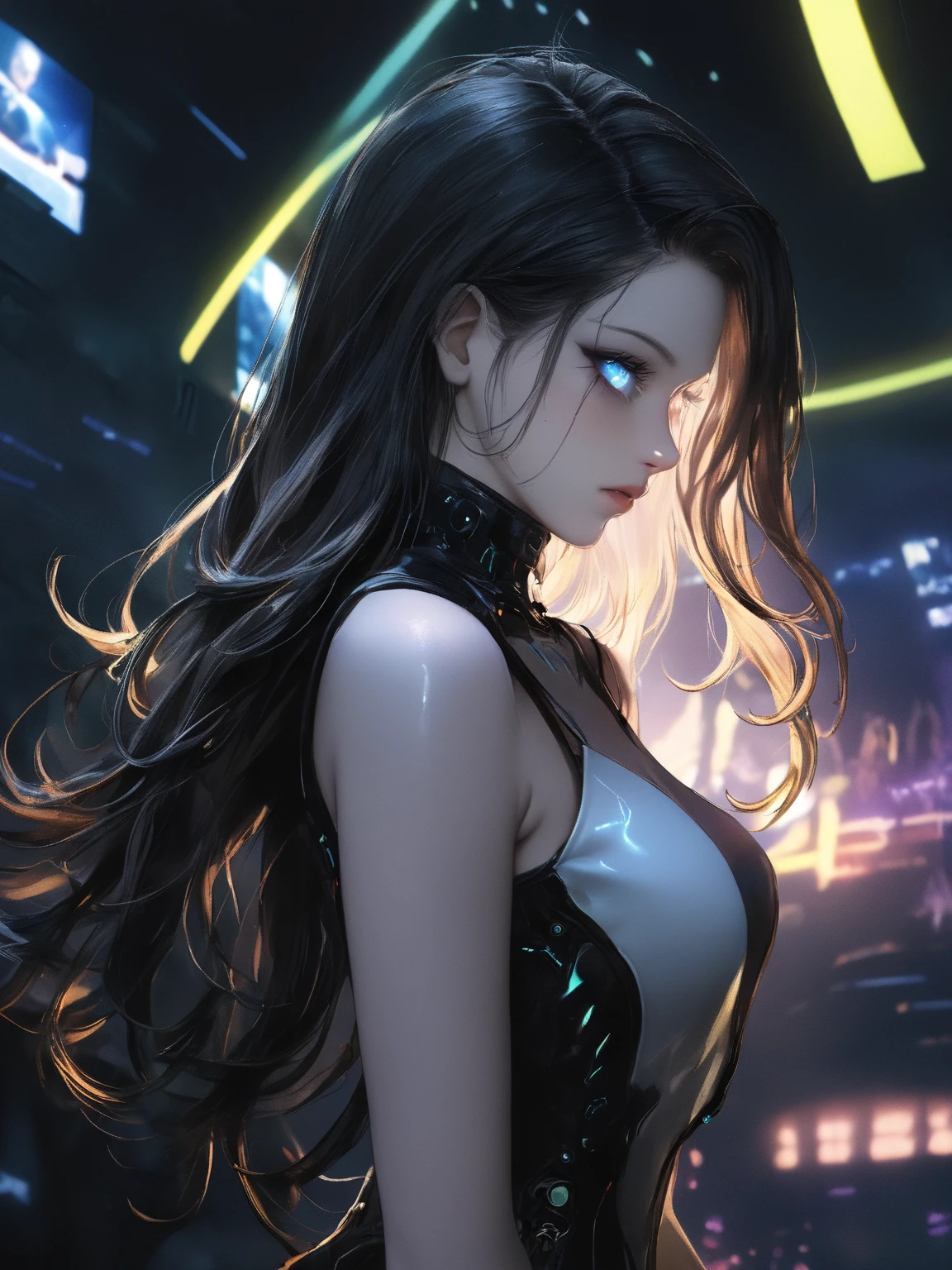 （best qulity，8K，A masterpiece），(In the hotel，Capture，Sit，Sit on a stool，Look at the laptop），(A pretty maiden，black  long hair，Long messy hair，ringlets，Huge eyes:1.3，Long eyelashes，Delicate makeup:1.4，Sexy lips，Blushlush)，(Exquisite watches，Reflective necklace，Bulgari's earrings，Bulgari's ring)，（Fashionable outfits，dressed in a white t-shirt），（middle breasts，endure），(Black oily transparent pantyhose），（Black hip skirt），Light ripe，Royal sister，best light，best shadow，Cinematic Lights，28 years old，1girls，need，（realskin，Supple skin）raytraced，Unreal Engine 5，Reflective skin，Digital illustration，Game CG characters，super model，（kpop,idol），(Body edge lighting，Colored light sources are around)，There is wind blowing hair，Looking into the distance，