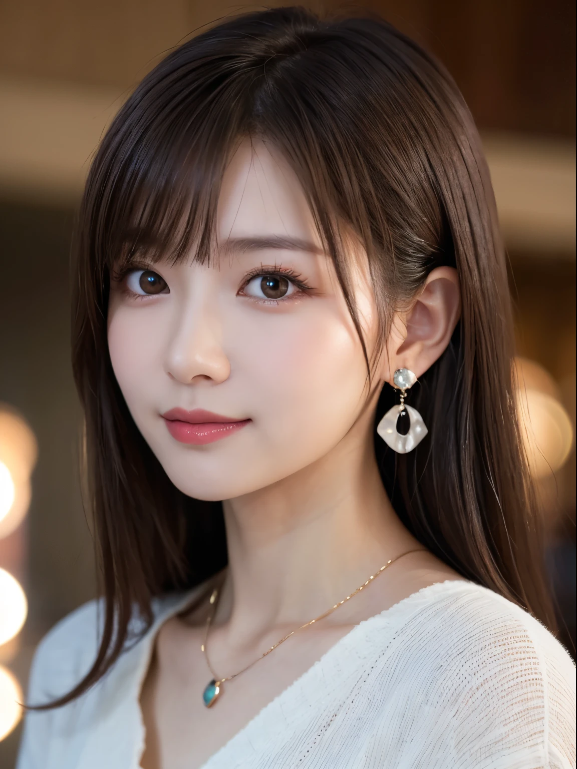 masutepiece, Best Quality, One girl, (a beauty girl, Delicate girl:1.3), (16 years old:1.3), Very fine eye definition, (Symmetrical eyes:1.3), ), (old clothes, old fashion:1.3),smile、Beautiful teeth alignment、Light brown hair、Long sleeve blouse、Ear piercing、necklace, close up to face, zoom in face, face focus、The background is the building's entrance