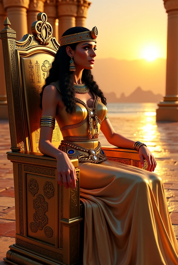 Queen Cleopatra, beautiful detailed woman with perfect curves, big round ass, great bosom, wearing a tight sexy outfit, sitting on a golden throne, pyramids and julius Cäsar in the background, oasis in the desert, dramatic lighting, intricate details, photorealistic, 8k, HDR, highly detailed, vibrant colors, cinematic composition, chiaroscuro lighting, dramatic shadows, warm color tones, professional digital art