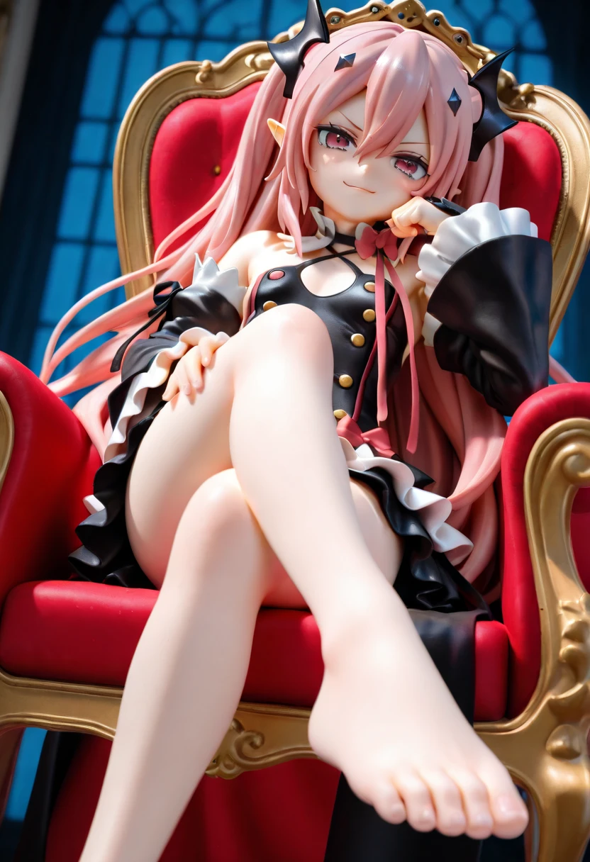 miaoka\(pvc style\), miaoka\(figure\),3d,1girl,krul tepes,silk clothes,frills,pink ribbons,detached sleeves,sleeves past wrists,sitting on throne,hand on own face,hand on own thigh,legs crossed,glaring,smirk,chiaroscuro,low angle,foot focus,barefoot,feet,toes,toenails,,masterpiece,best quality,very aesthetic,highres,absurdres,sensitive,amazing quality,newest, scenery