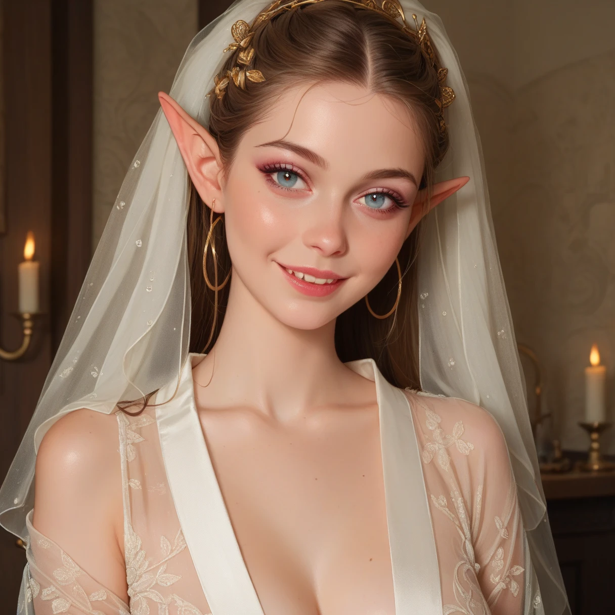 (masterpiece), (extremely intricate:1.3), (realistic), portrait of a muscular girl, ((((detailed mature 40year elven woman, ((blackout gothic eye makeup, red lips, strong square cleft chin, arrogant, [small breasts:medium breasts:0.8]), diamond tiara, golden hour, clear green eyes, long straight ginger hair, wedding dress, tanned skin)), emerald necklace)), freckles: 1.0, professional lighting, photon mapping, radiosity, physically based rendering, ultra resolution, hyper-realistic), metal reflections, upper body, outdoors, intense sunlight, far away castle, professional photograph of a stunning woman detailed, sharp focus, dramatic, award winning, cinematic lighting, volumetrics dtx, (film grain, blurry background, blurry foreground, bokeh, depth of field, sunset, interaction, photorealistic:1.4), 8K